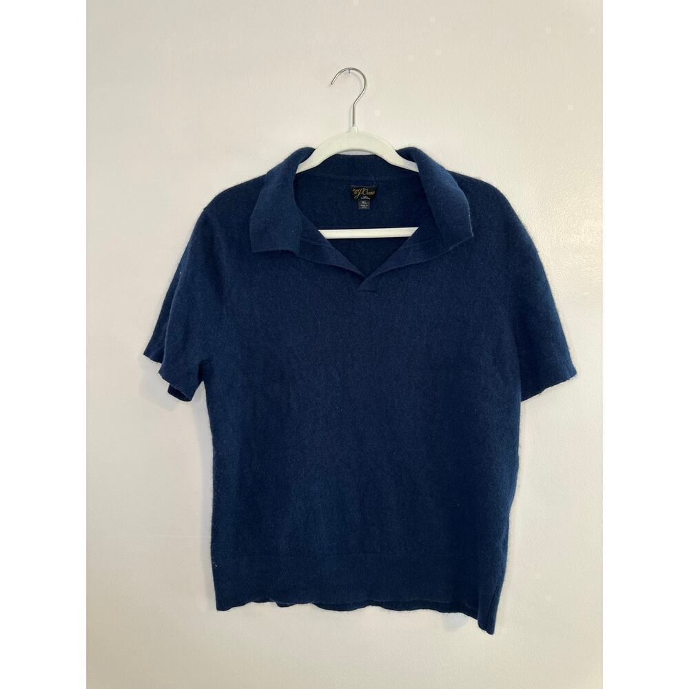 J. Crew Womens 100% Cashmere Navy Collar Short Sleeve Navy Old Money Preppy  XL